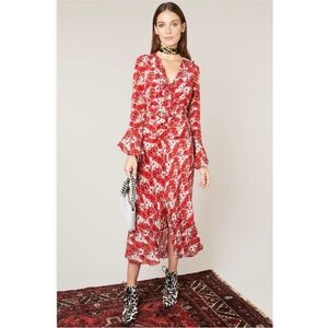 RIXO London 100% silk main red floral midi dress NWT